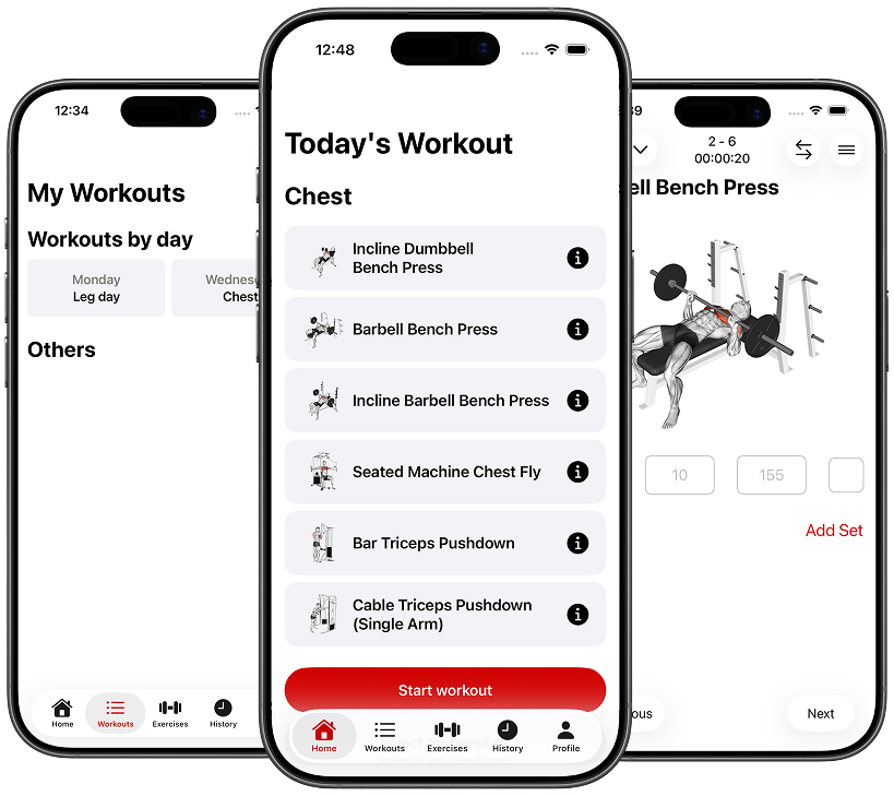 StrongFT app showing workout tracking screens on iPhone